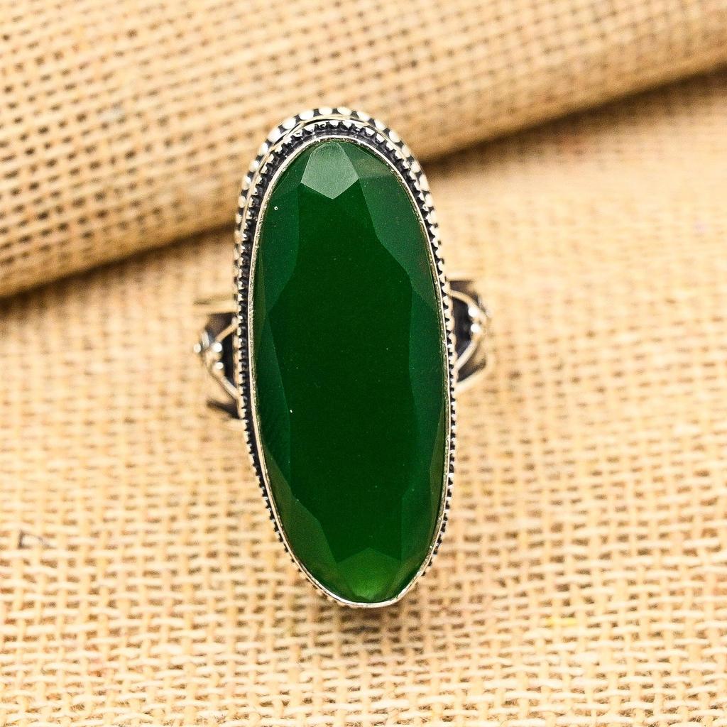 Nydelig Grønn Onyks Edelstein Håndlaget 925 Sterlingsølv Dame Smykker Ring