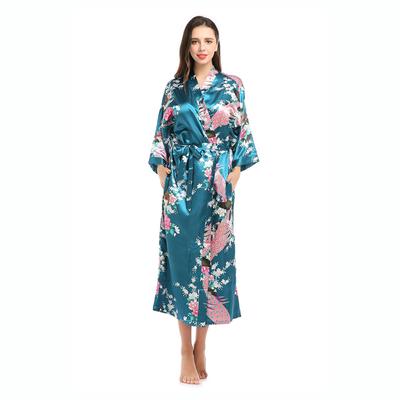 Damen Kimono Bademantel aus Seidensatin, lang, Nachtwäsche, Morgenmantel mit Blumenmuster und Pfauenmuster, Party, Hochzeit, Brautjungfer, Bademantel
