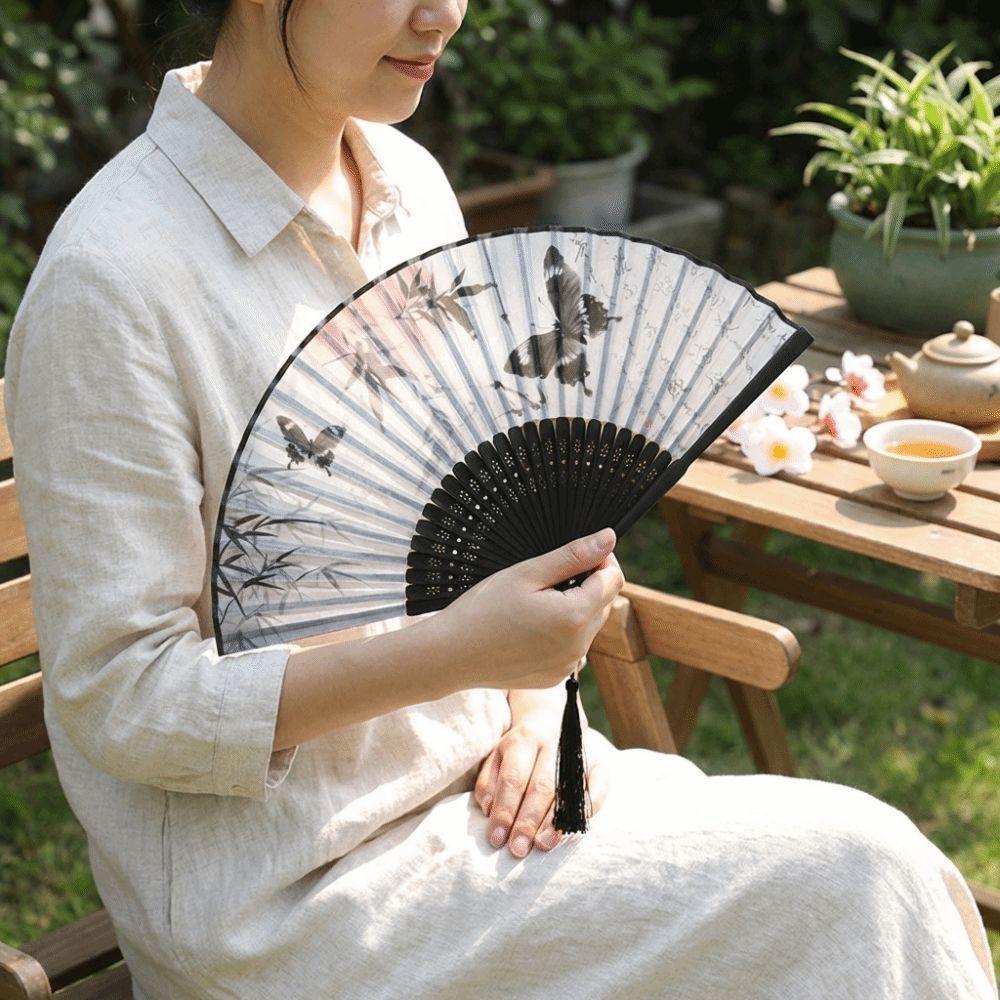Antique Bamboo Folding Fan Ink Wash Painting Portable Fan Decorative Silk Hand Fan Hanfu Cheongsam