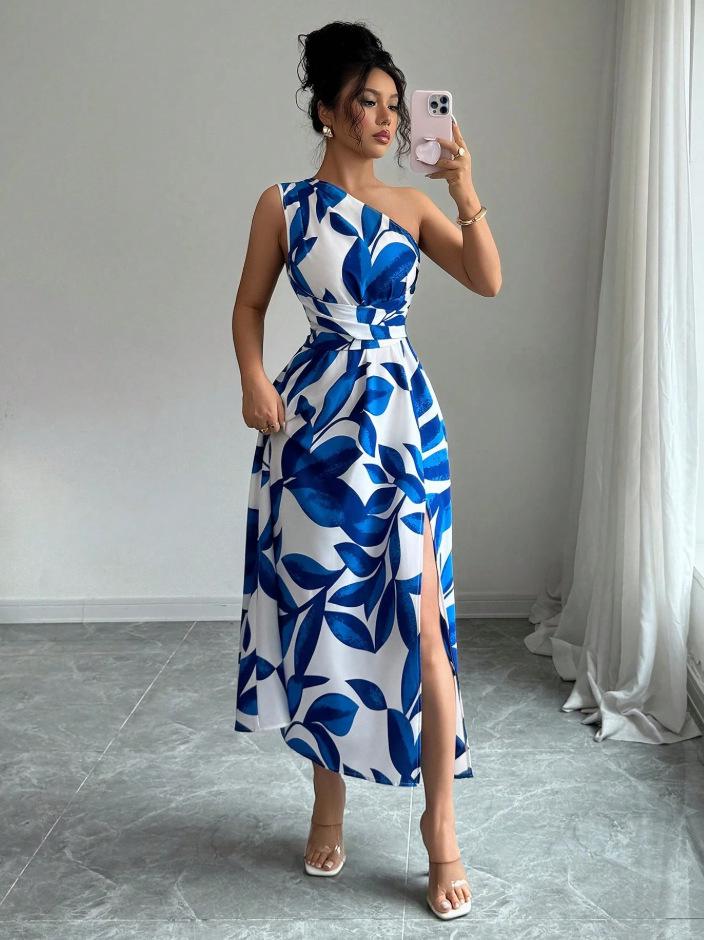Elegant Tropical Print One-Shoulder Slit Dress - Perfect for Resort Style