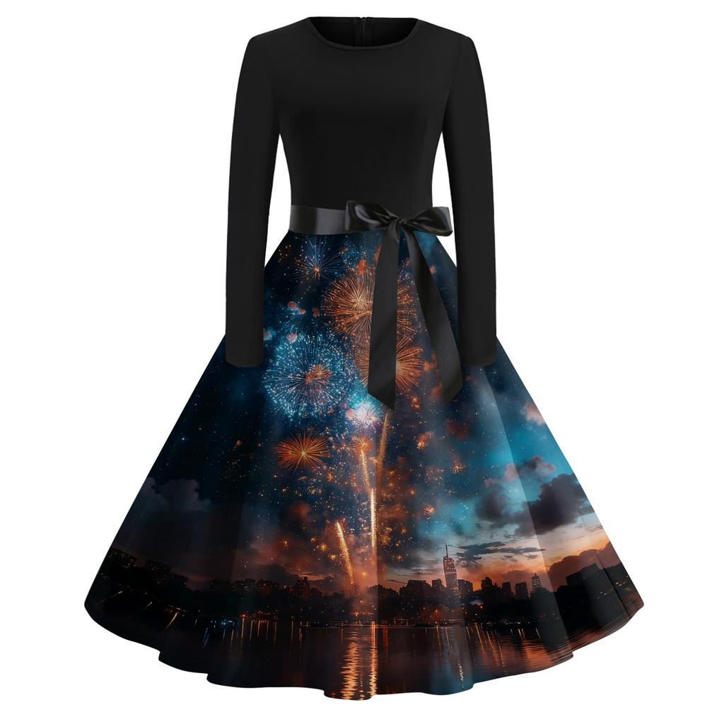 Women's Casual Fashion Round Neck Long Sleeve New Year Printed Retro Dress