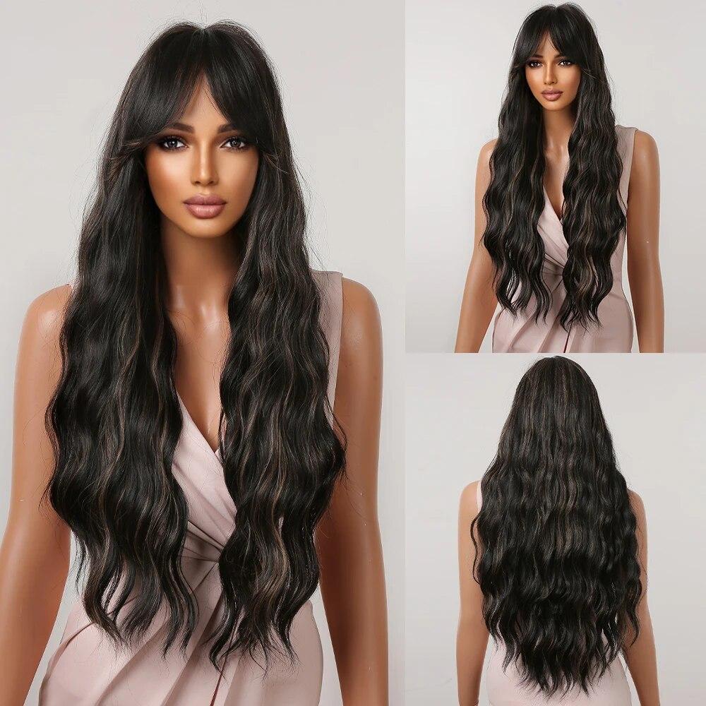 Long Water Wave Synthetic Wigs with Bangs Natural Ginger Brown Loose Curly Wavy Wig for Black White Women Heat Resistant Daily