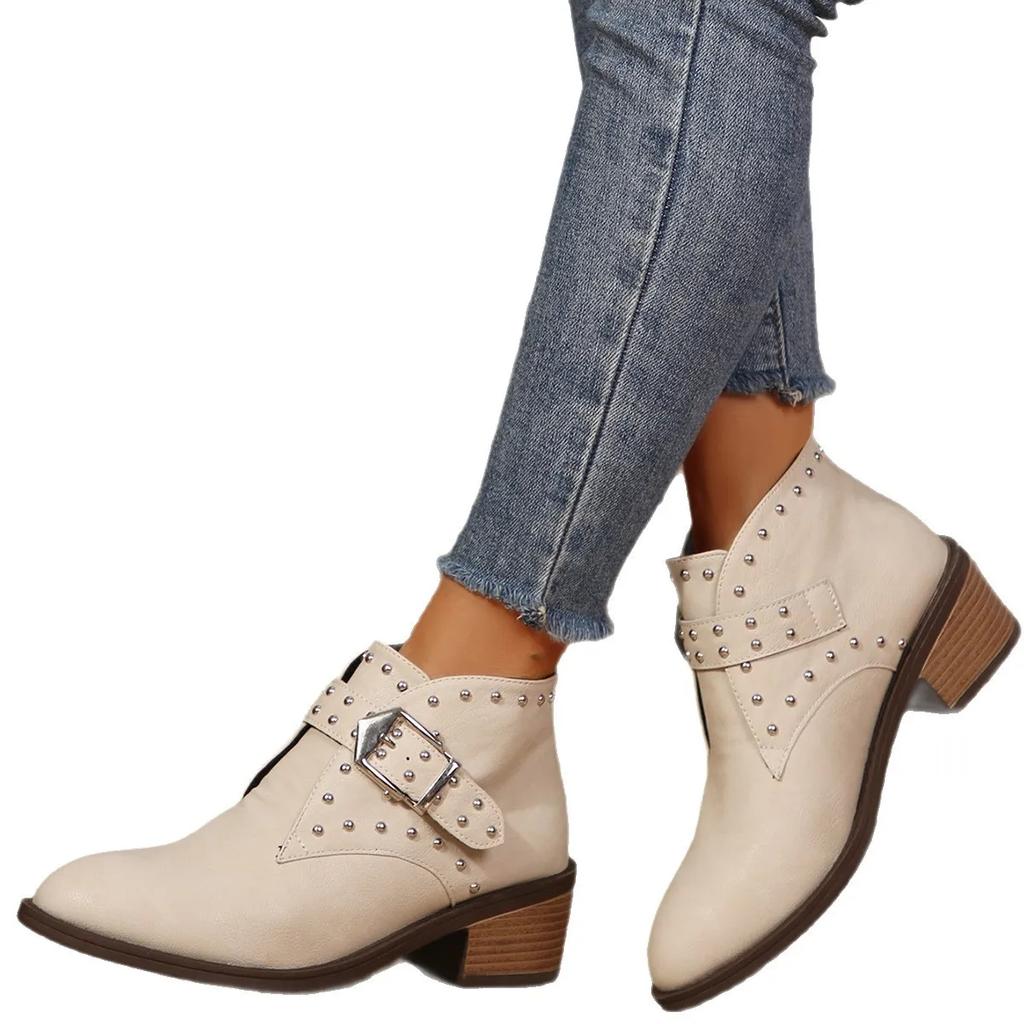 Women Ankle Boots 2025 New Low Heel Casual Pointed Toe Short Boots Designer with Rivet Comfortable Shoes Zapatillas De Mujer