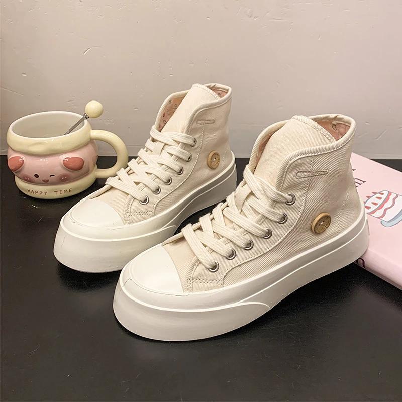 Fashion 2025 Soft Women Niche Design Chunky Casual Sneaker High Top Canvas Shoes Student Convertible Two Way Wear Skate Shoes Thick Sole