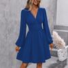 Women's Fashionable Solid Color V Neck Long Sleeved Pleated Versatile Dress