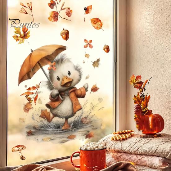 Removable Fall Window Stickers for Home Autumn Static Sticker with Cute Animals & Maple Leaves, Harvest Seasonal Glass Living Room Festival
