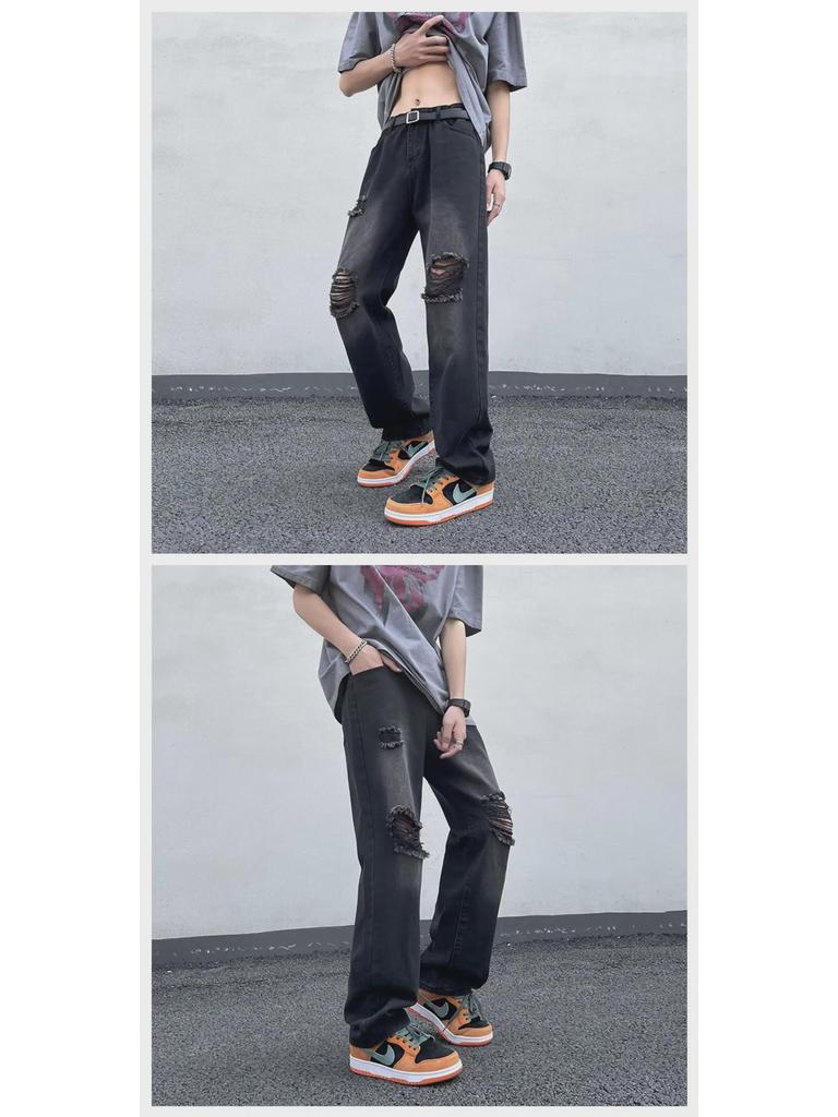 Men's Summer Korean Straight Casual Pants - Retro American Style Ripped Jeans