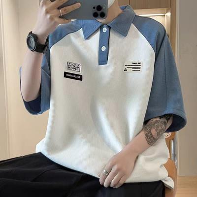 Men's Short Sleeved Collar T-shirt Korean Collar Collar Collar Summer Microfiber Contrast Loose