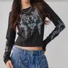 European and American Women's Abstract Printed Slim Fitting Long Sleeved Top T-shirt