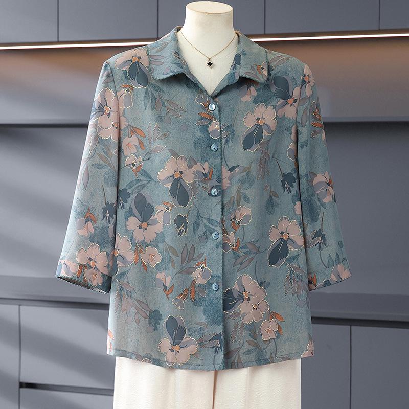 

Summer Blouse for Middle-Aged and Elderly Women: Grandma s Seven-Sleeved Top for Women in Their 60s and 70s 5XL (recommended 150-165 jin) синій
