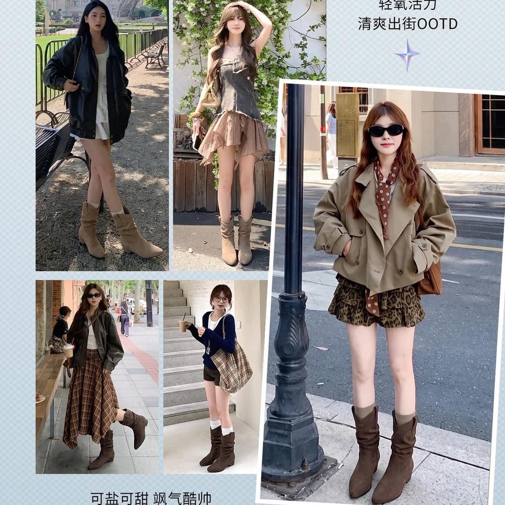 Inner Height Increasing Western Cowboy Boots Vintage Pleated Pile Boots Pointed Frosted Suede Maillard Medium Boots