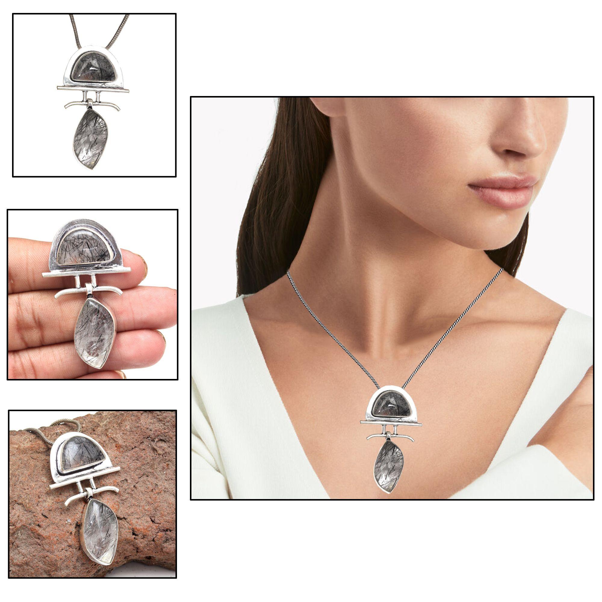 

Black Rutile Peridot Gemstone Unisex Women s Silver Jewelry Pendant 2