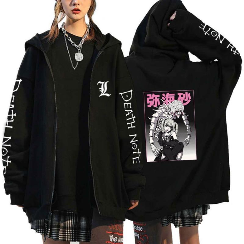 Japan Anime Death Note Lynlås Hættetrøjer Gotisk Herre Tegneserie Misa Amane L Ryuk-Grafik Streetwear Sort Fleece Lynlås Jakke Frakker