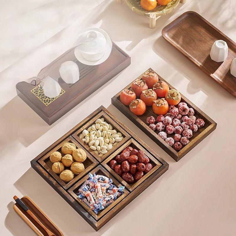 GIANXI Dry Fruit Tray Afternoon Tea Tray Snack Fruit Tray multi-lattice Tea Tray Stove Side Tea Chinese Wooden Tray