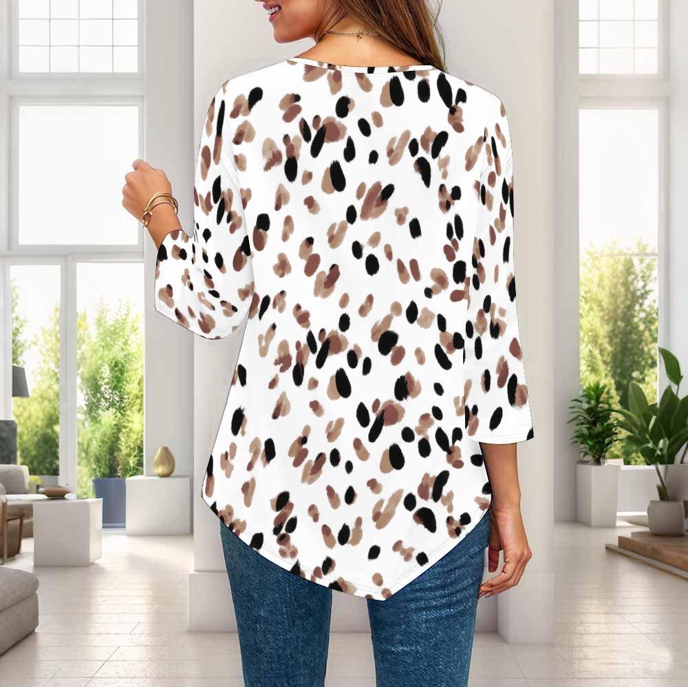Women Plus Size Round Neck Three Quarter Sleeve Geometric Printed Pointed Hem Casual Blouse