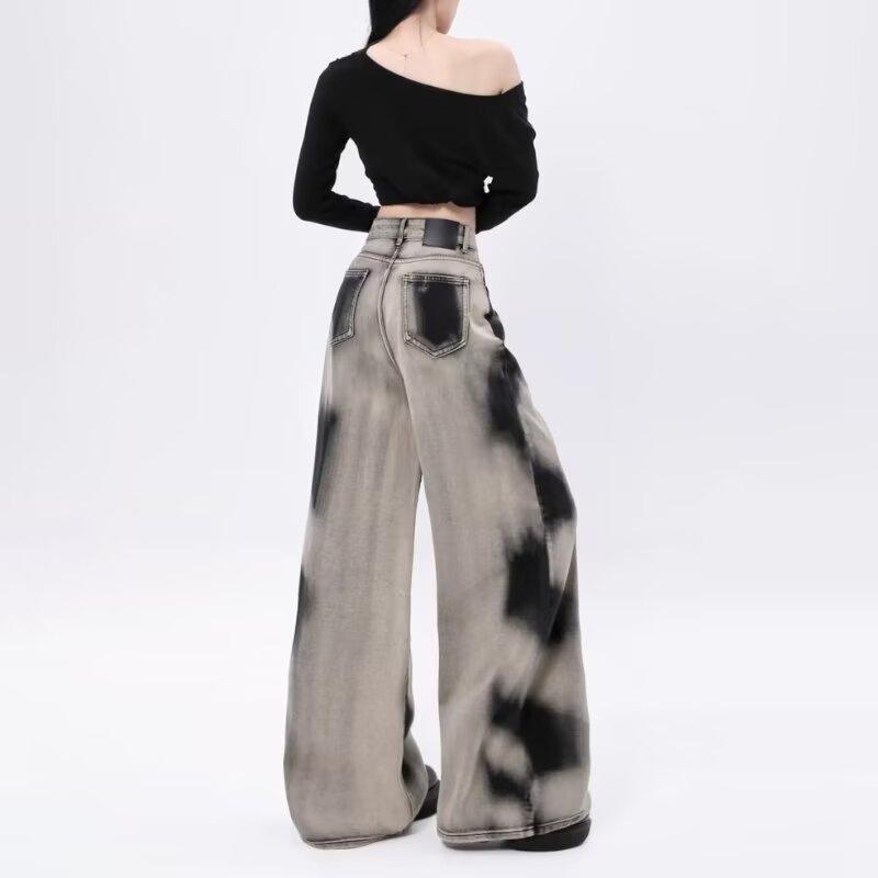 Women's High-Waist Retro Tie-Dye Gradient Jeans - Loose, Wide-Leg, Floor-Length Pants for Early Autumn