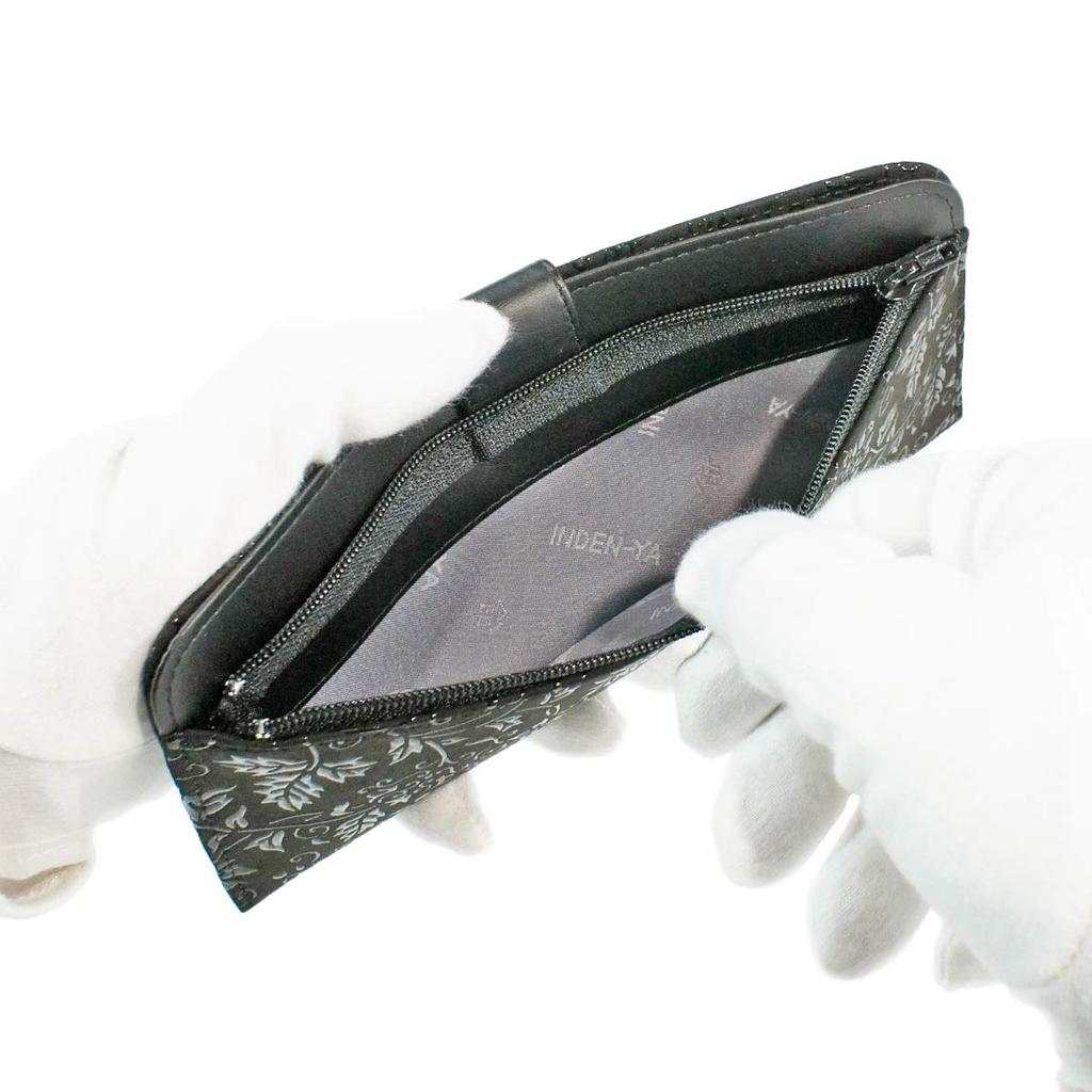 [Inden-ya] Inden Long Wallet, Large, Thin, Deerskin, Black with Black Lacquer, Floral Arabesque Pattern, 2107-01-041