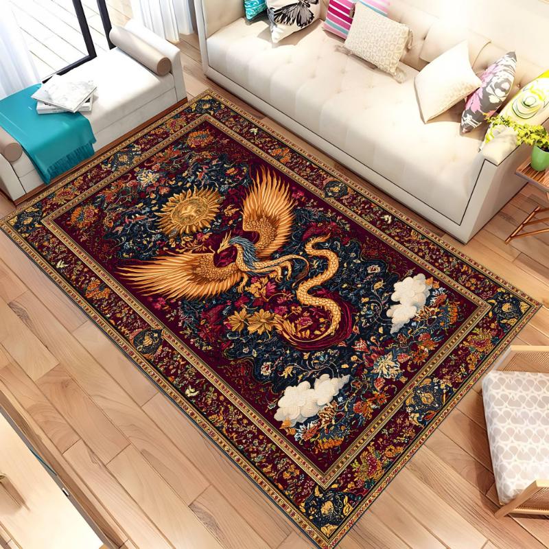 Golden Dragon Vintage Floral Frame print Carpet,Bedside Bedroom,Studio,Sofa Living Room Mat,Welcome Rug,Washable rug,Surprise