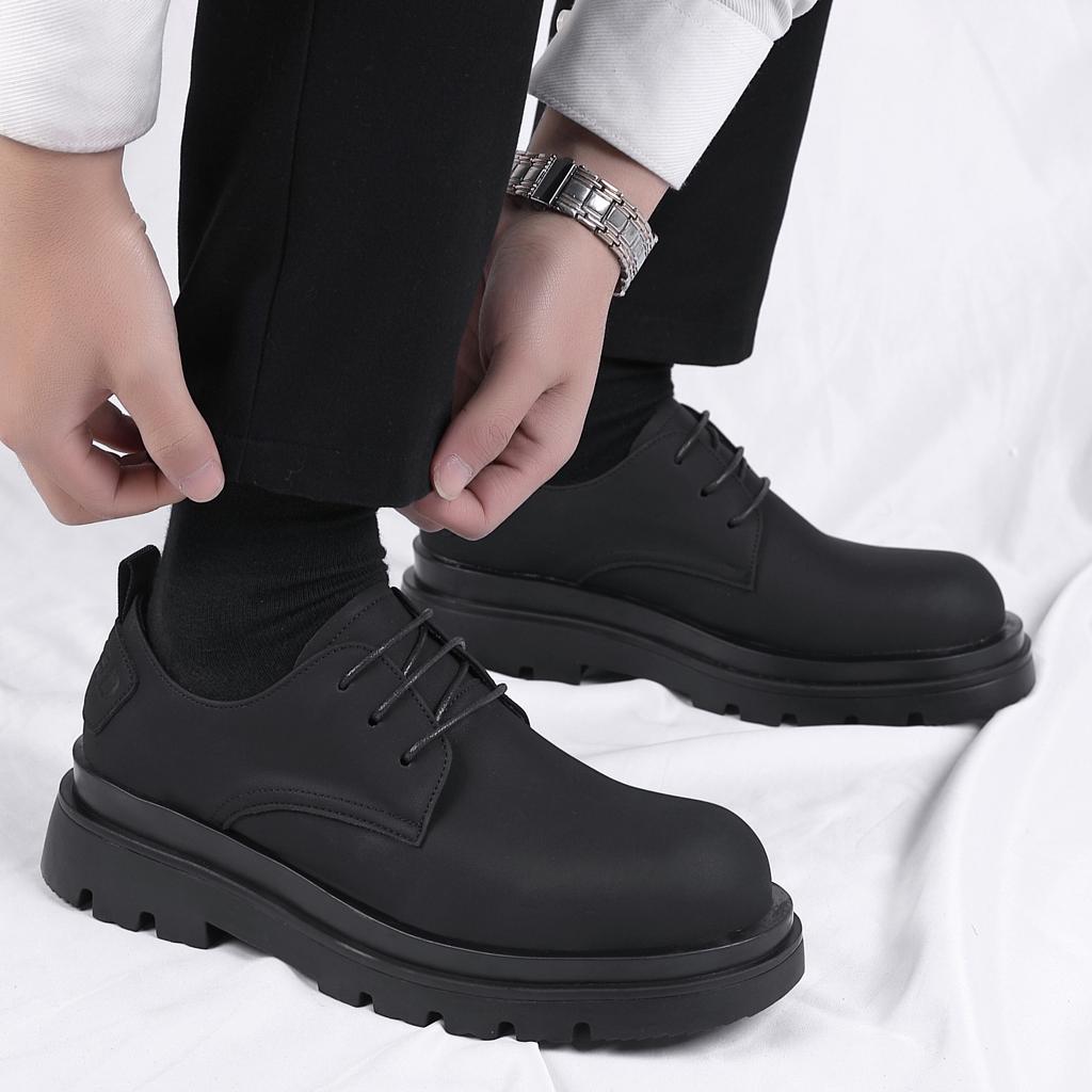 British Style Dark Black Leather Shoes Trendy Men and Women Niche Retro Matte Leather Heightening Big Head Shoes Men's Thick-soled Derby Shoes