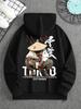 Squatting Samurai With Katana Calligraphy Back Pattern Men Hip Hop Sports Hoodie, Street Tough Style Oversized Pullover
