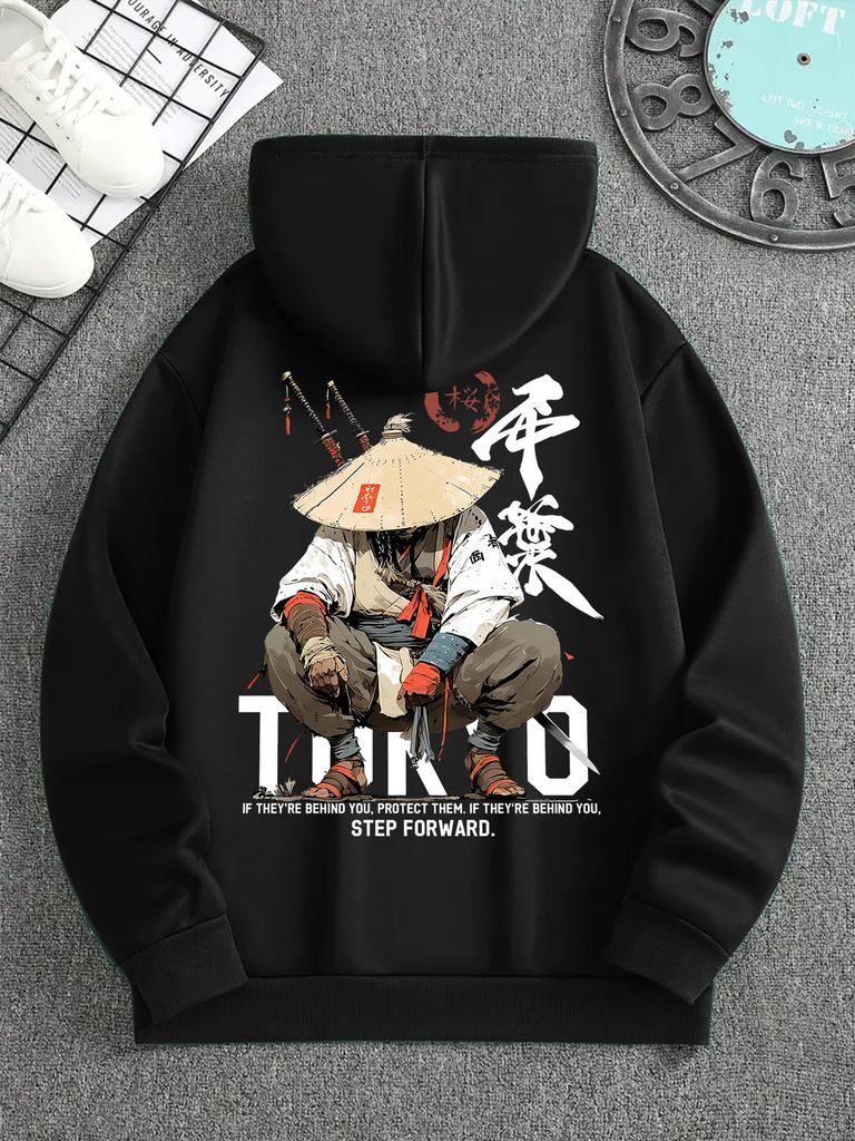 Squatting Samurai With Katana Calligraphy Back Pattern Men Hip Hop Sports Hoodie, Street Tough Style Oversized Pullover