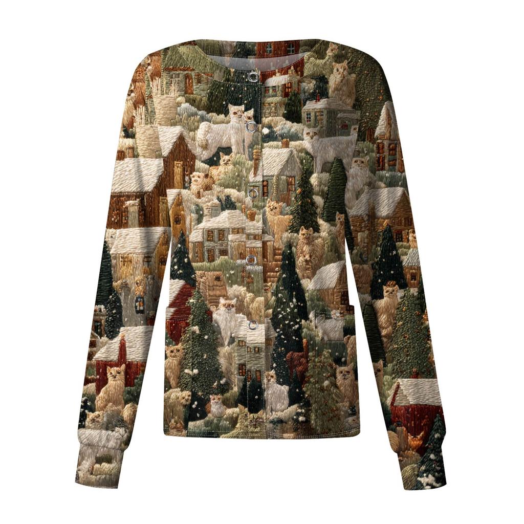 Women's Casual Long-Sleeved Single-Breasted Christmas-Themed Print  Cardigan
