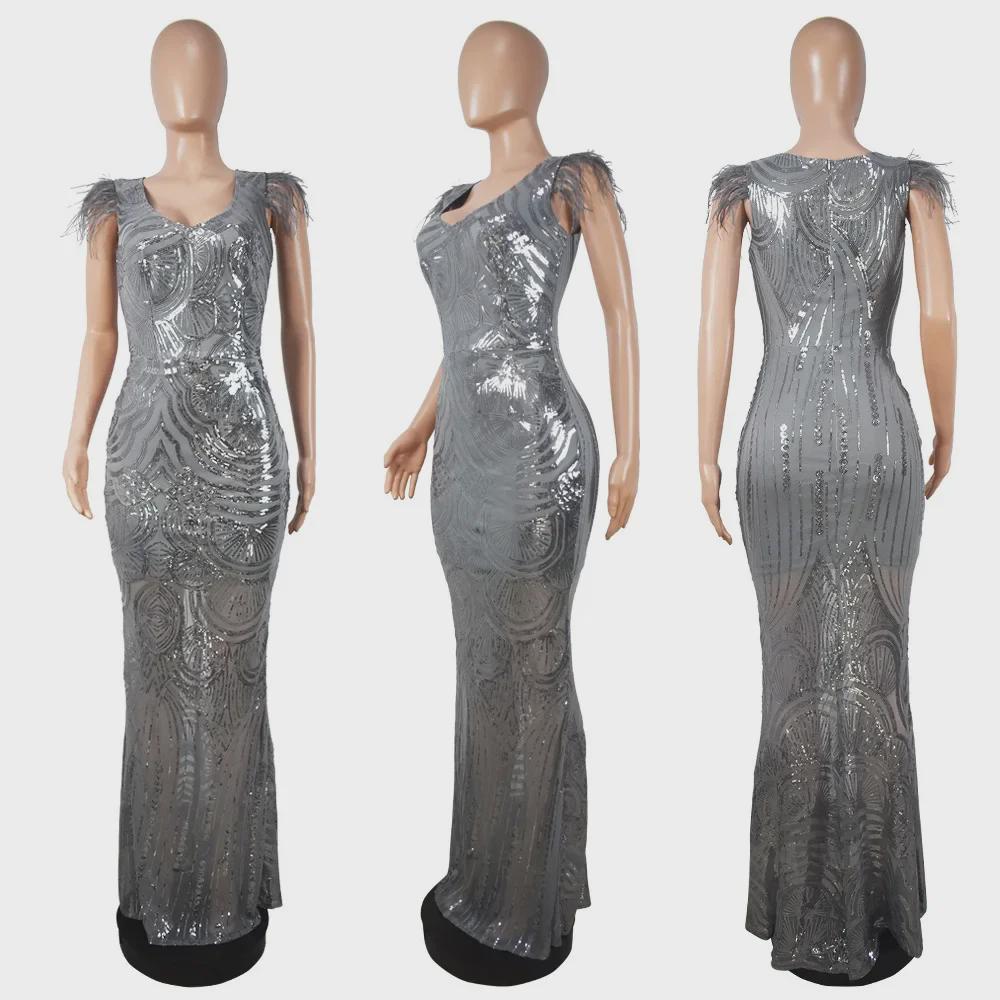 Elegantes europäisches und amerikanisches Pailletten-Abendkleid mit gefiederten Schultern