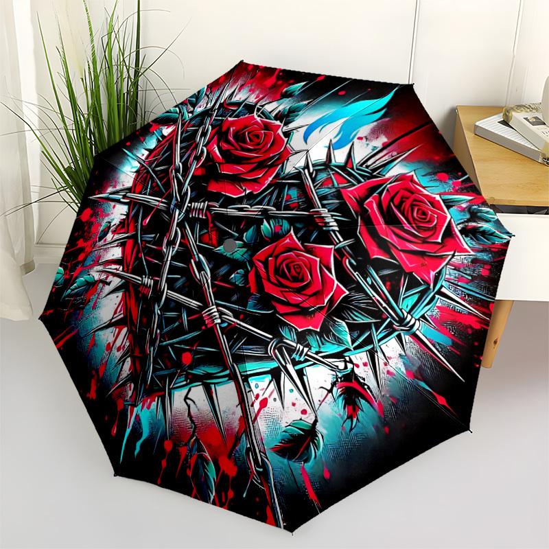 1pc Barbed Wire Roses Automatic Opening/closing umbrella, Reinforced 8-Rib Construction, Compact Travel Umbrella yy250808149