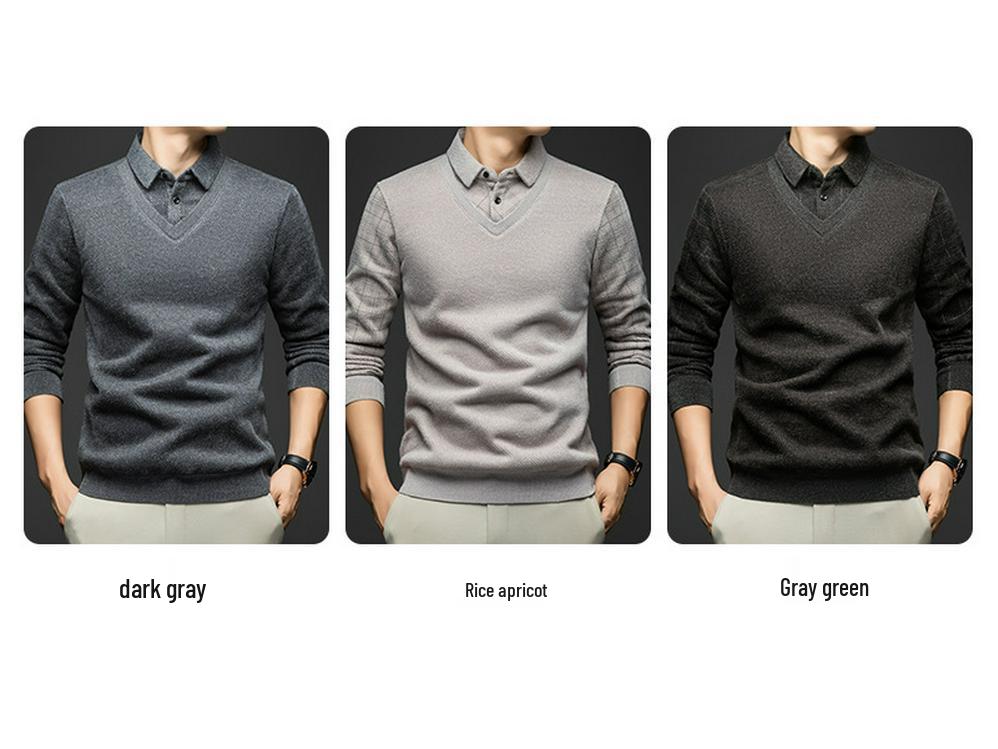 Men's Winter Knitwear Sweater: Thickened, Faux Two-Piece Design, Velvet-Lined, Long Sleeve with Shirt Collar.