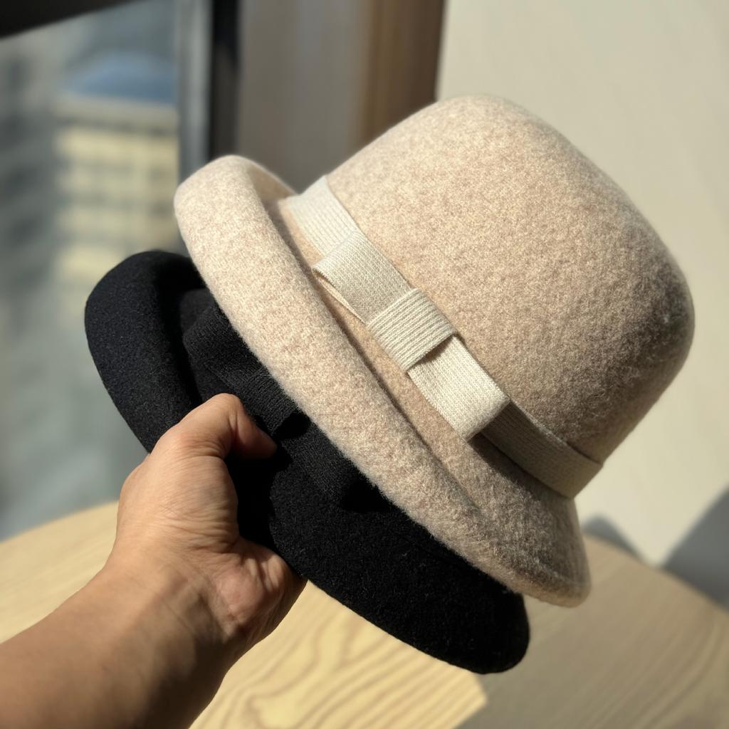 French High End Curled Woolen Mother's Hat for Women Retro Bow Fisherman Hat Autumn and Winter Rich Style Hat