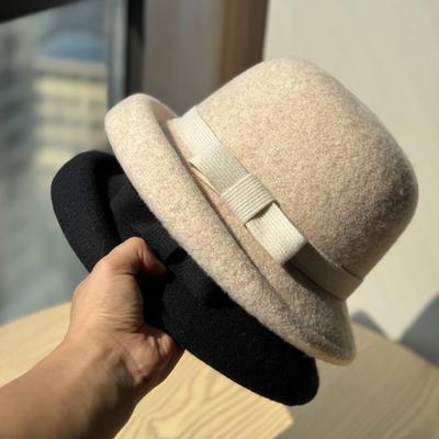 Fransk High End Lockig Ullig Mammas Hatt för Kvinnor Retro Rosett Fiskarhatt Höst och Vinter Rik Stil Hatt