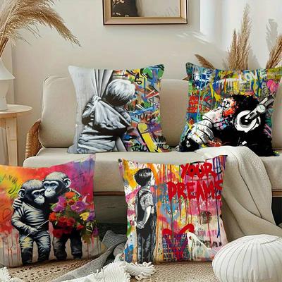 Banksy Street Graffiti Art Pillow Case Sofa Decorative Home Double-sided Printing Short Plush Cushion Pillow Cover Holiday Gift