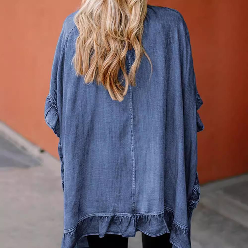 Giacca di Jeans Europea Autunnale con Volant - Cardigan a Sciarpa Versatile a Manica Media da Donna