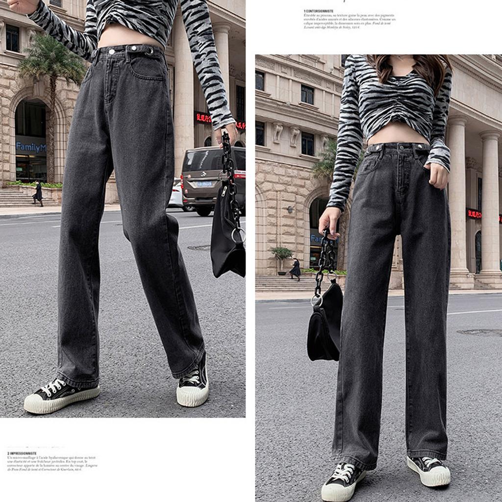 Women's Casual Pants Hight Waist Distressed Straight Denim Jeans Vintage Trouser