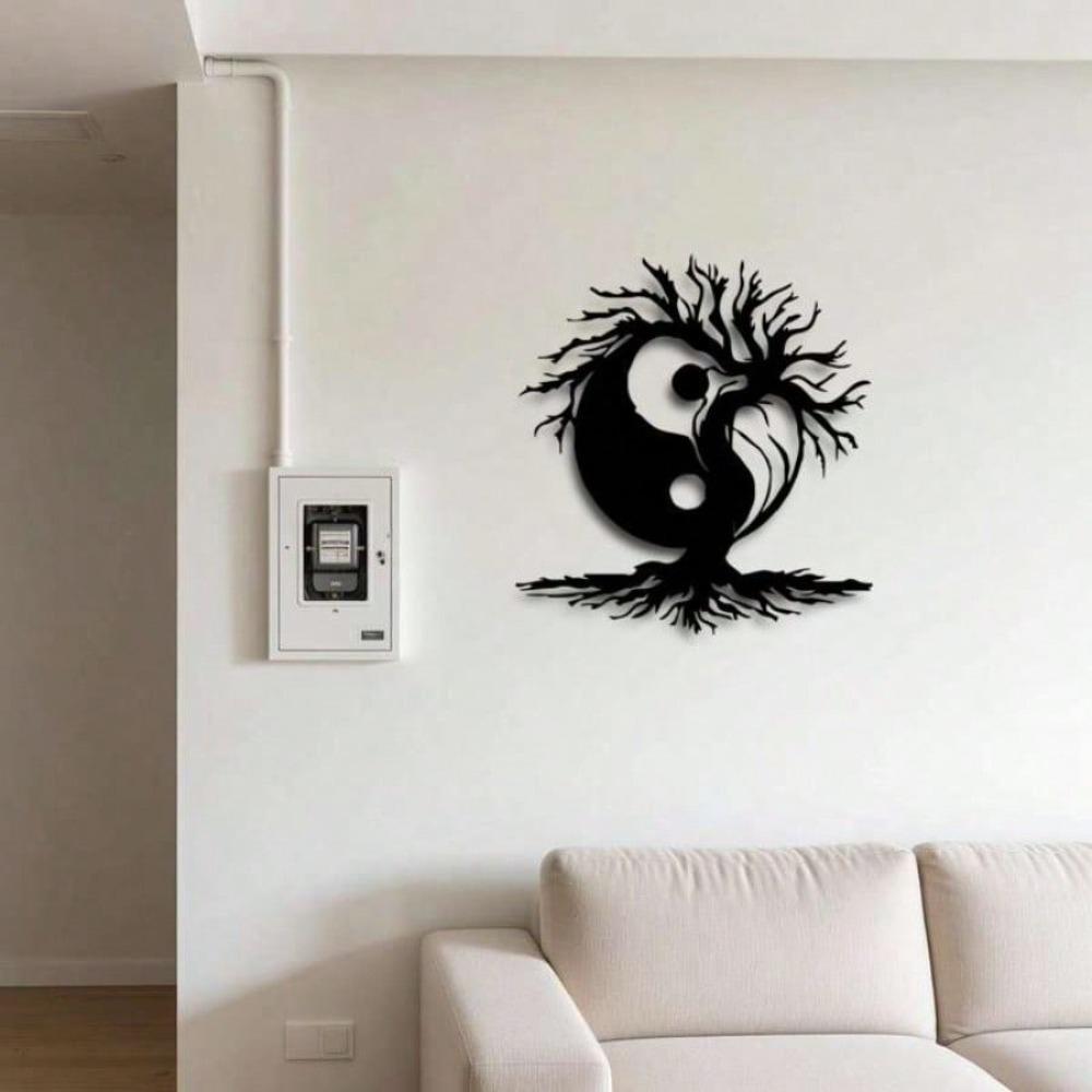 Yin Yang Metal Wall Art, Chinese Iron Tree of Life Sculpture for Office Living Room, Zen Meditation Home Decor, Black White Harmony Gift