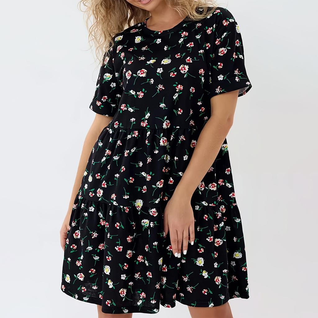 Women's Short Sleeve Round Neck Flower Print Dress Fashion Casual Skirt