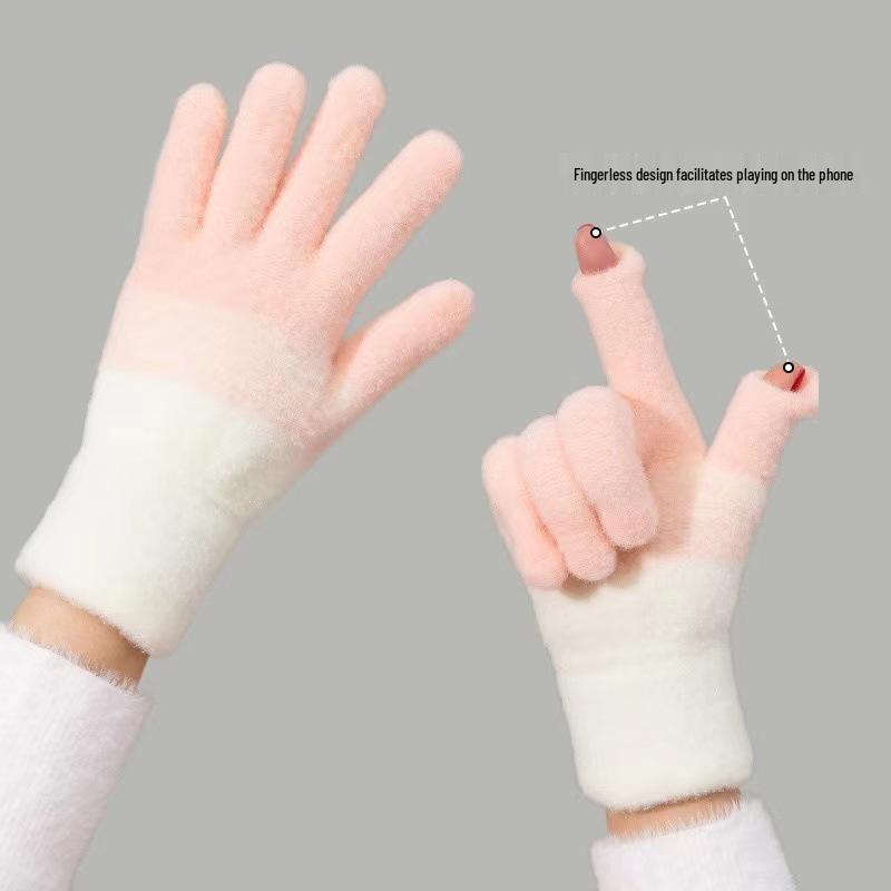 Women's Winter Fingerless Touchscreen Gloves - Warm Fleece-Lined, Gradient Design for Cycling and Gaming