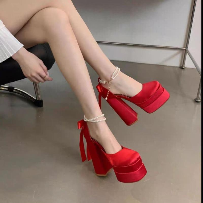 Fashion Women's Super High Heel Shoes Fall New Square Head Shallow Mouth Thick Sole Non-slip Pearl Chain Low Top Shoes