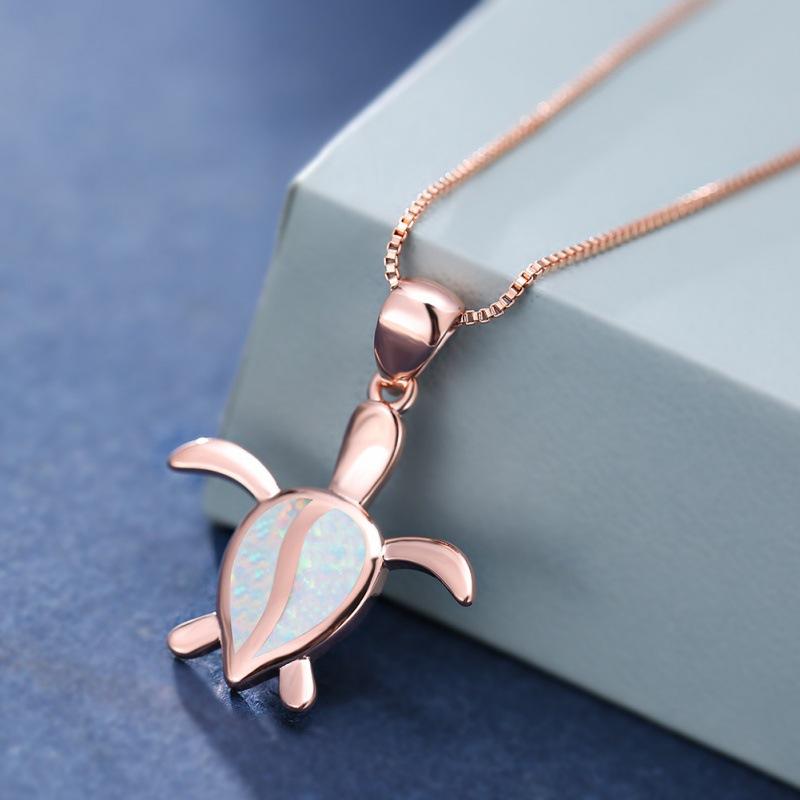 Wish European and American Style Rose Gold Single Turtle Opal Pendant Necklace Simple Cartoon Collarbone Chain