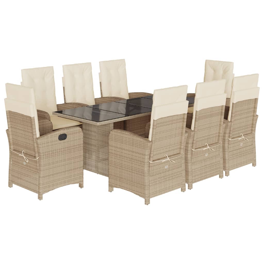 9 Piece Garden Dining Set with Cushions Beige Poly Rattan