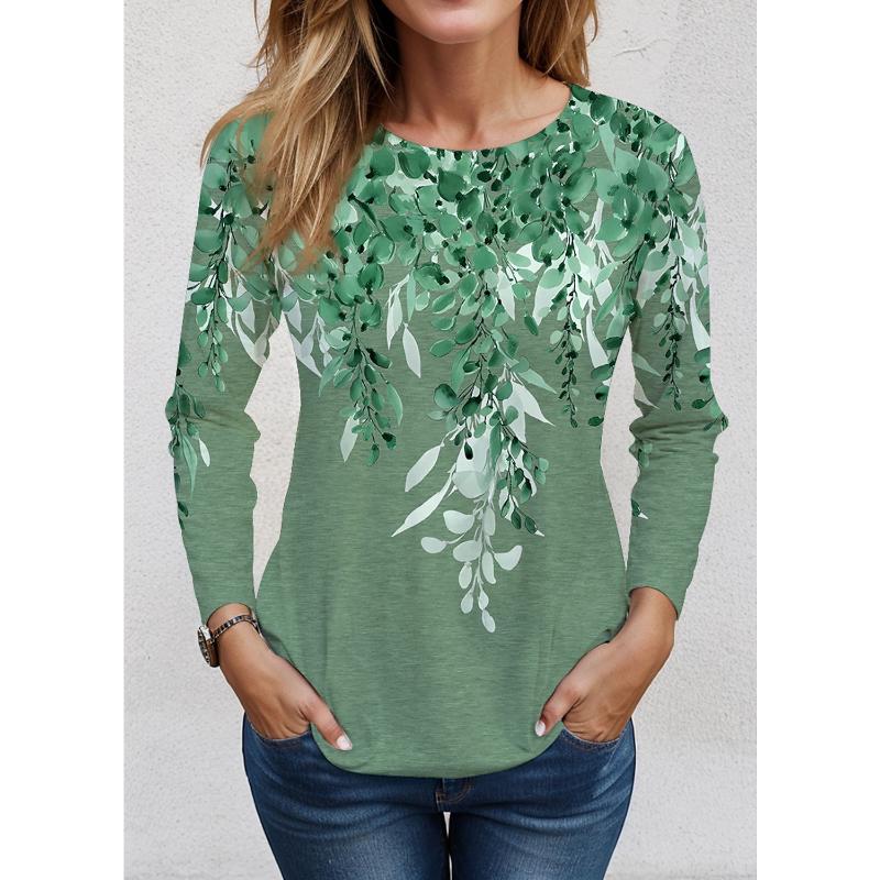 

2023 Женская футболка с цветочным принтом, длинный рукав, базовая толстовка, модная круглая горловина, стандартный крой, цветочная роспись, весна и осень S