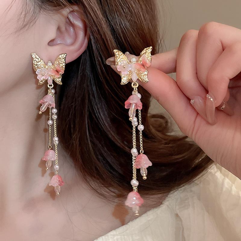 Fan Flower Bamboo Tassel Earrings Trend Ear Hook National Style Temperament High-end Earrings