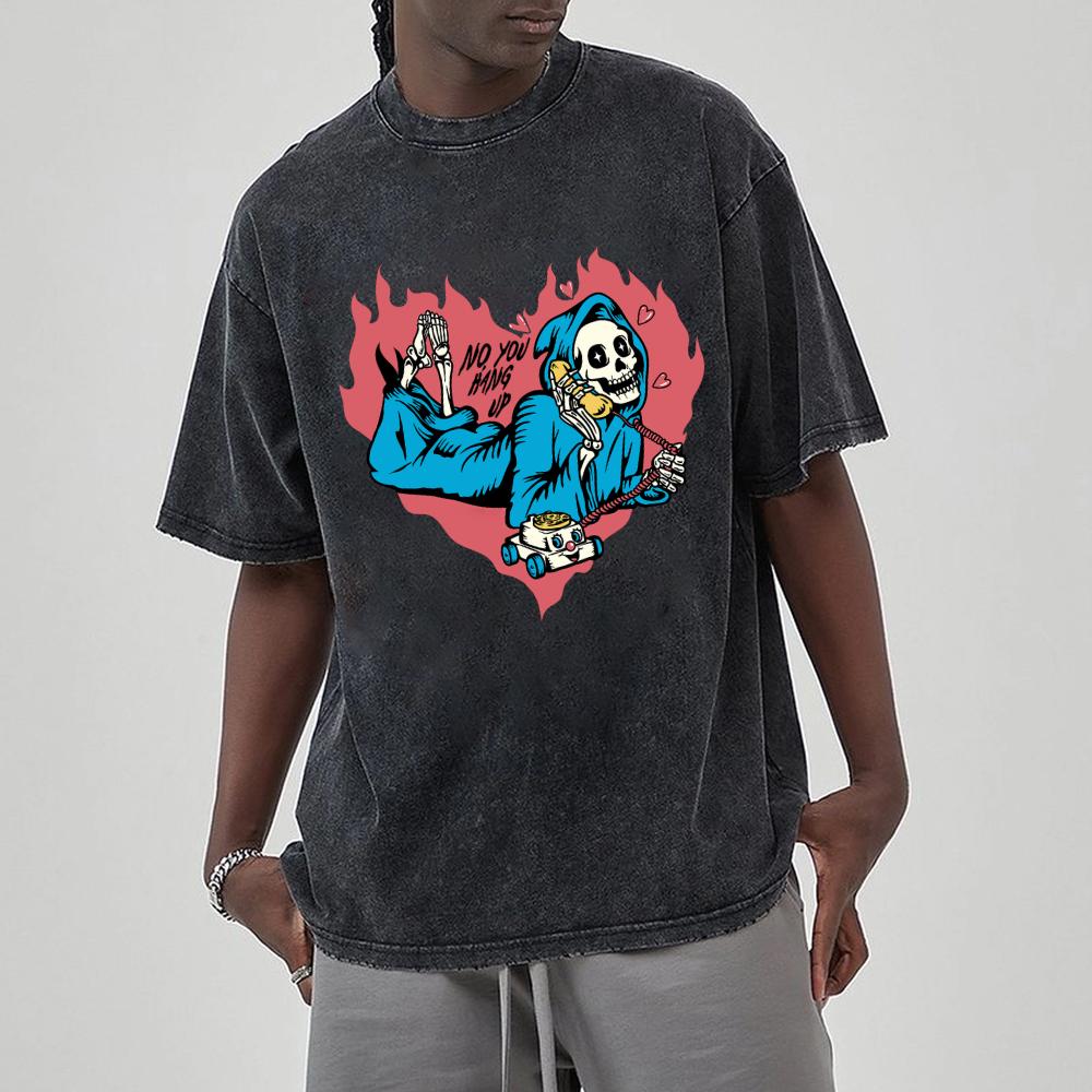 Hand Painted Love Skull Print Women's T-Shirt Washed Cotton Short Sleeve Loose Large Size Unisex Top Spoof Retro Style Wear Men