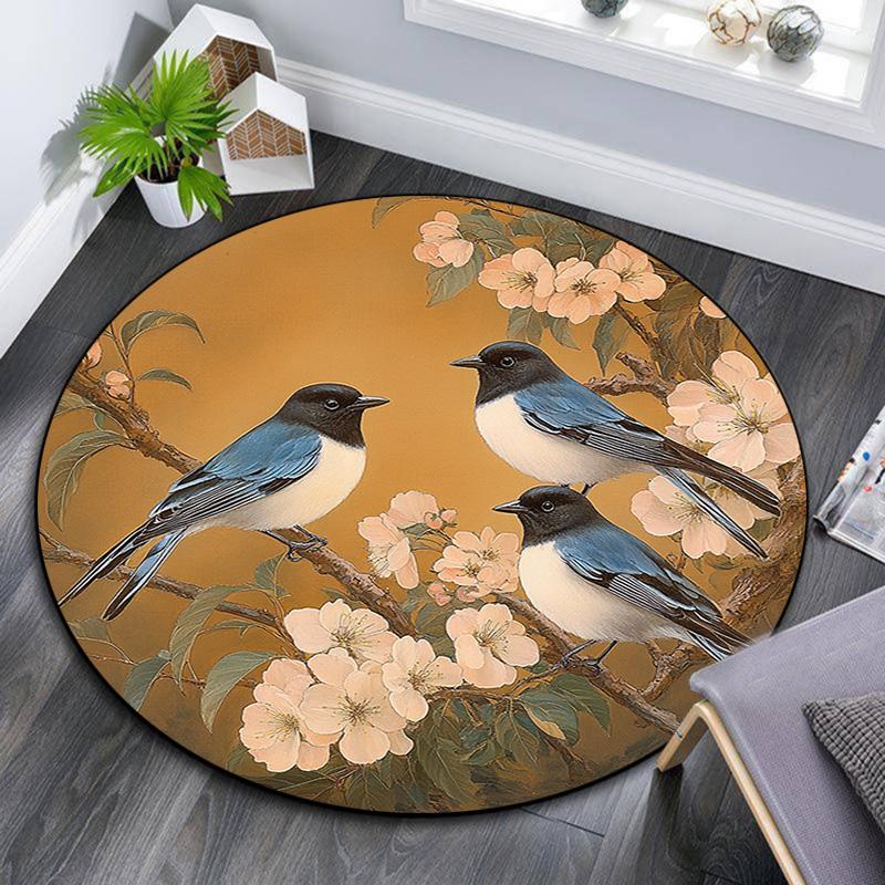 Birds On Branches Round Area Rug,Carpet Rug for Living Room Bedroom Sofa Playroom Decor,Non-slip Floor Mat