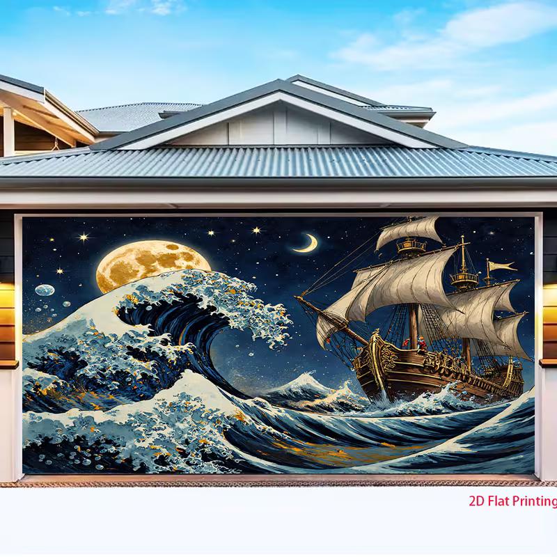 2D Starry Night Pirate Ship Backdrop Big Ocean Waves & Moonlight Background for Studio