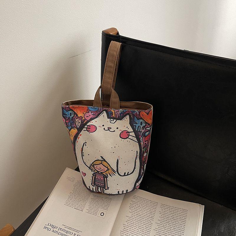 2025 Portable Bucket Bag Hand-Carrying Out Ins Canvas Bag Cute Girl Mobile Phone Female Bag