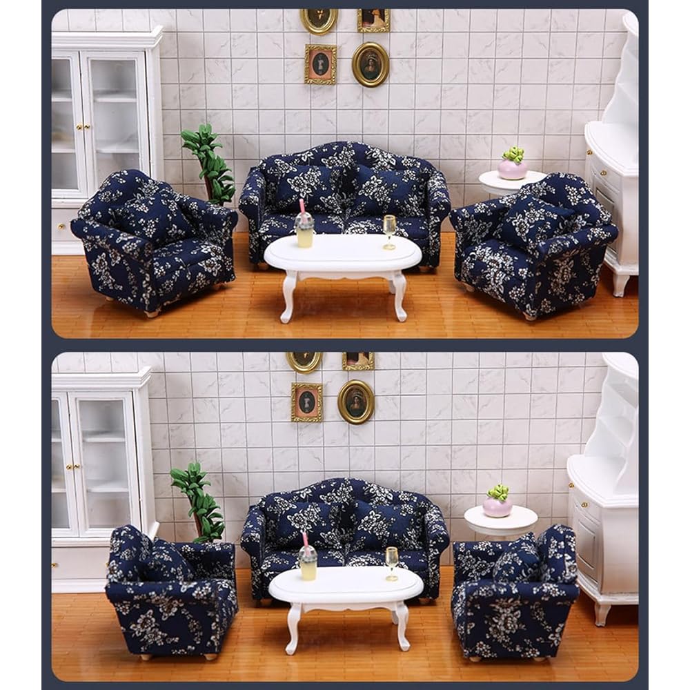 Moin Moin Miniature 1/12 Scale Furniture Sofa Set 3 Pieces White Floral Fabric Dollhouse Accessories