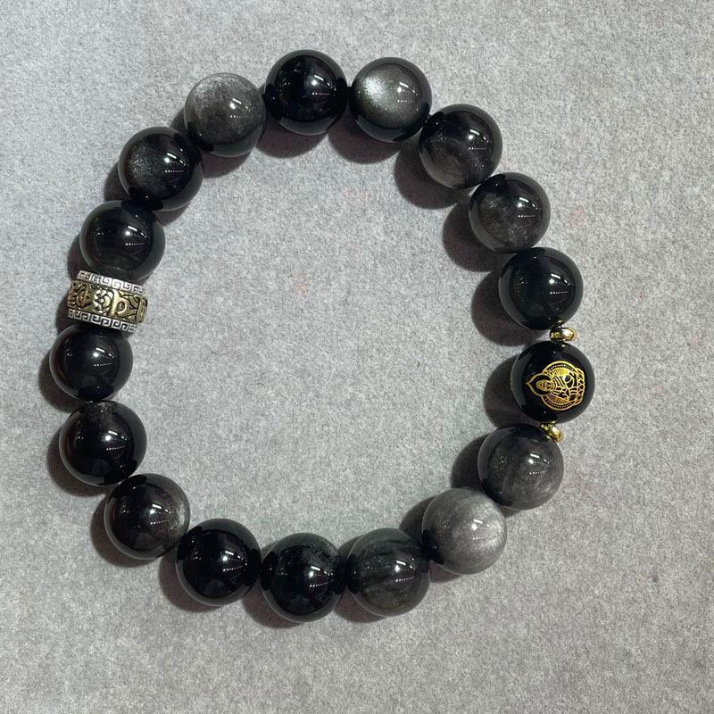 

Silver Obsidian Benming Buddha Bracelet with Six-Character Mantra Beads for Men and Women, Temple Putuo Mountain Design 8mm diameter, 10 beads per side