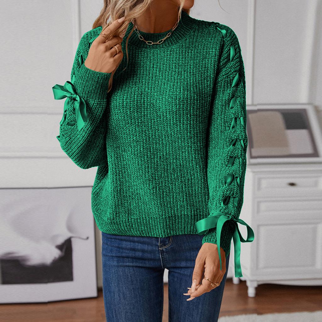 Women's Fashion Casual Pullover Loose Bowknot Solid Color Knitted Long Sleeve Sweater