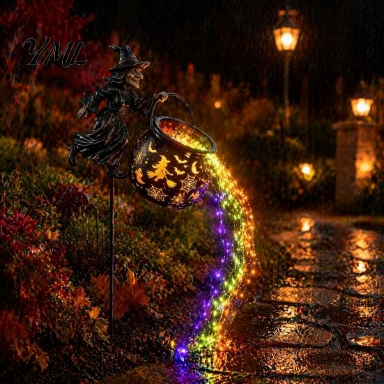 Glowing Yard Art for Halloween Witch Cauldron Light, Flying Silhouette Garden Stake with Colorful Landscape Lighting LED, Spooky Outdoor Decorative